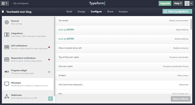 Typeform teksten aanpassen